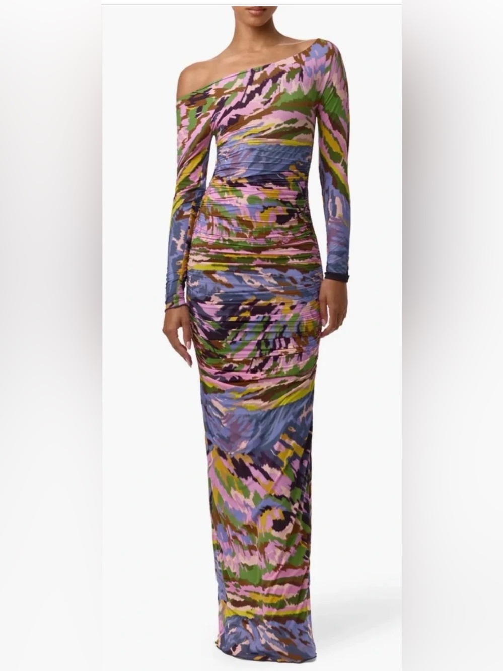 Naked Wardrobe $138 Ruched Off the Shoulder Long Sleeve Maxi Dres